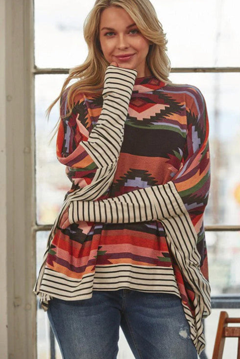 Multicolor Western Aztec Striped Mock Neck Dolman Sleeve Top